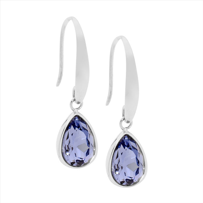 Stainless Steel Tear Drop Amethyst Glass Earrings