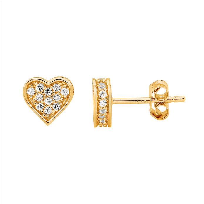 Sterling Silver CZ Pave Flat Heart GP Stud Earrings