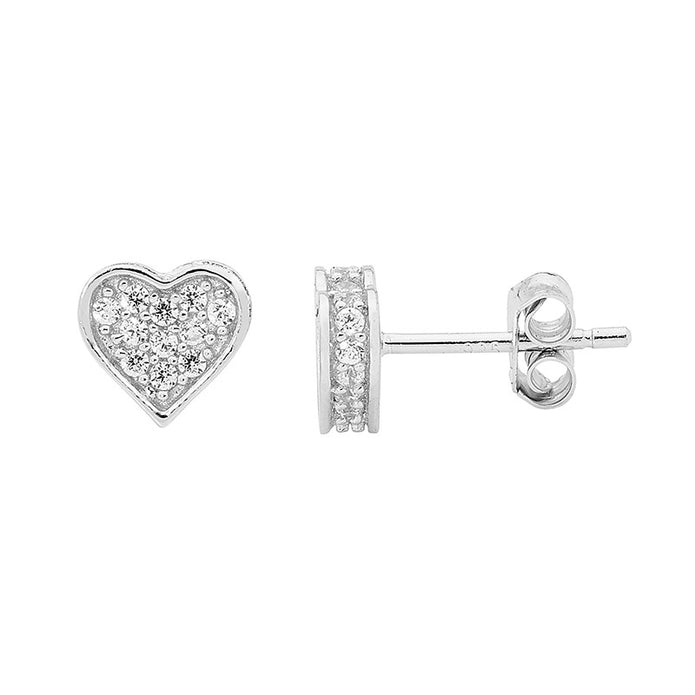 Sterling Silver CZ Pave Flat Heart Stud Earrings