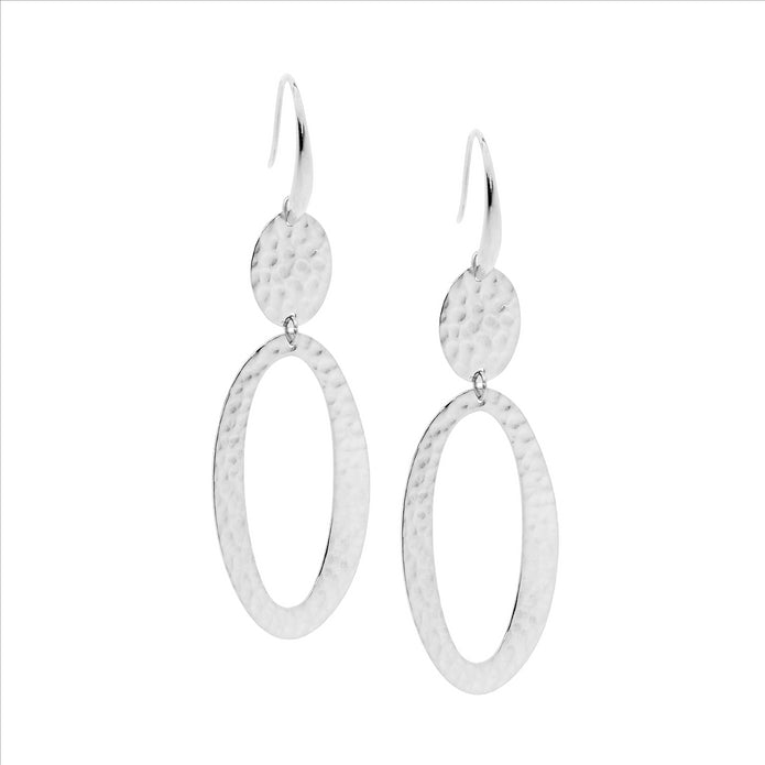 Stainless Steel Hammered Double Oval Drop Earrings