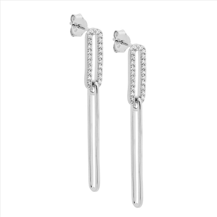 Sterling Silver CZ Open Oval Link Drop Earrings