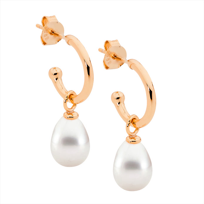 Sterling Silver Freshwater Pearl and 13mm RGP Hoop Earrings