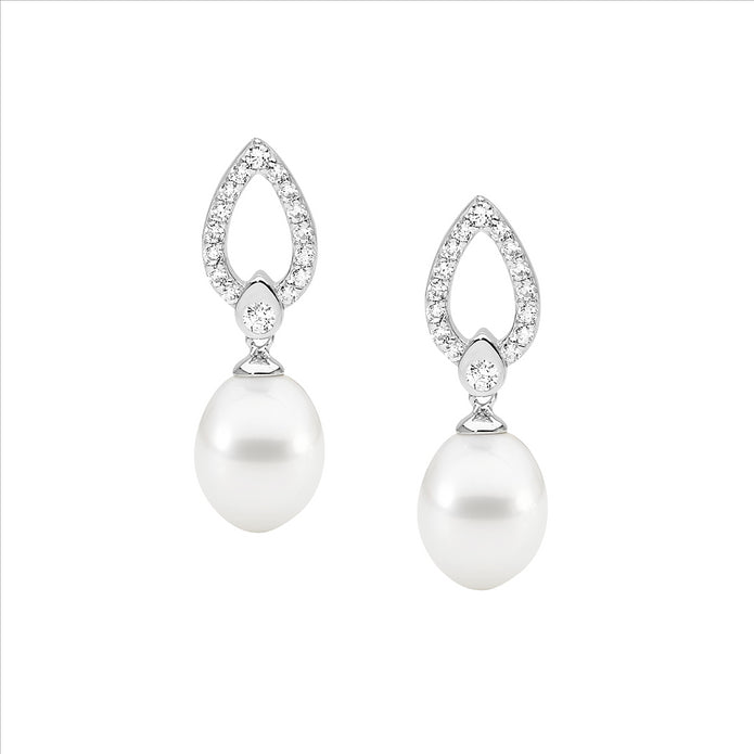 Sterling Silver CZ Open Tear and Freshwater Pearl Drop Earrings