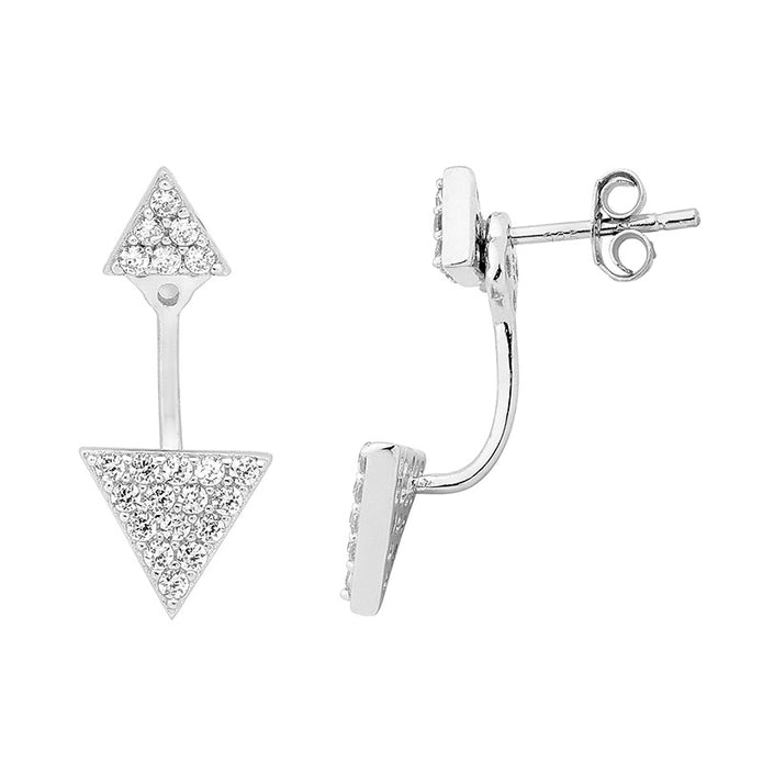 Sterling Silver CZ Triangle Under Ear Feature Stud Earrings