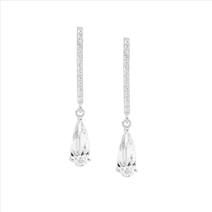 Sterling Silver White CZ Drop Bar Earrings