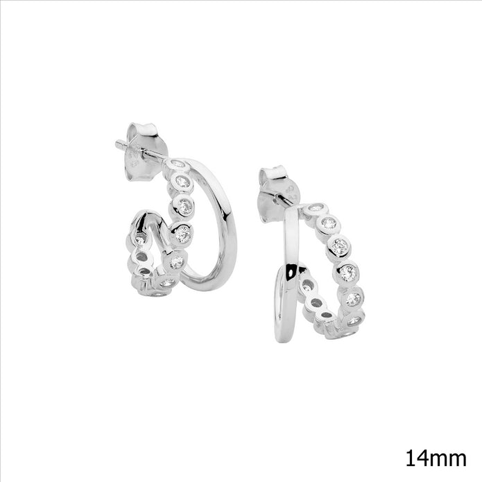 Sterling Silver 14mm White CZ Double Hoop Earrings