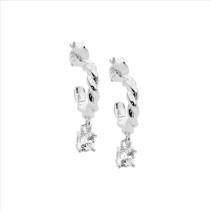 Sterling Silver CZ 13mm Twist Hoop Drop Earrings