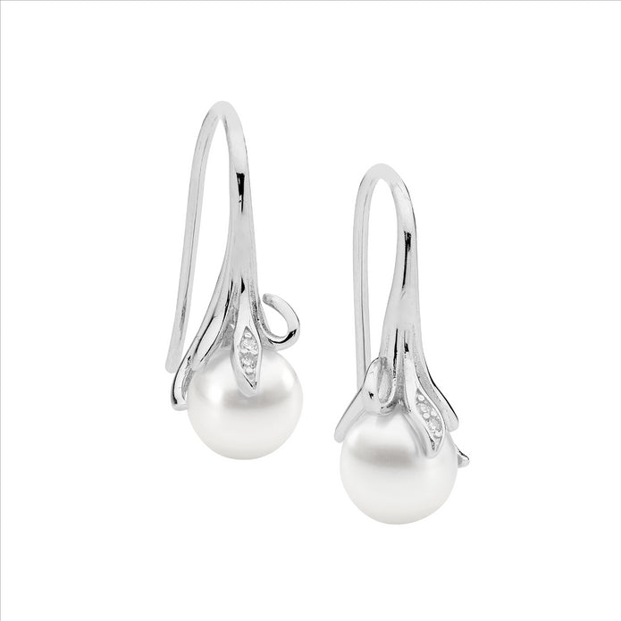 Sterling Silver CZ Freshwater Pearl Drop Earrings