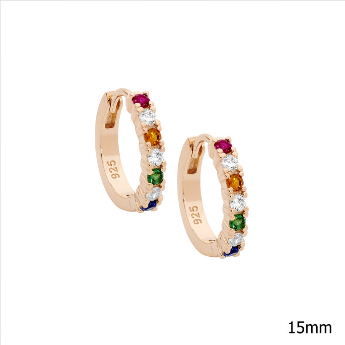 Sterling Silver RGP 14mm Multi Coloured CZ Hoop Earrings