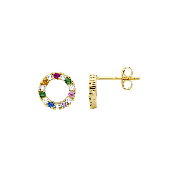 Sterling Silver YGP 9mm Multi Coloured CZ Circle Stud Earrings