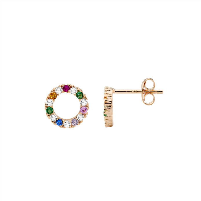 Sterling Silver RGP 9mm Multi Coloured CZ Circle Stud Earrings