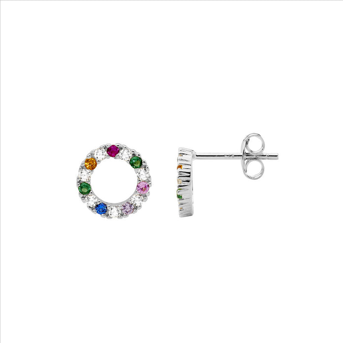 Sterling silver 9mm multi coloured CZ open circle earrings.