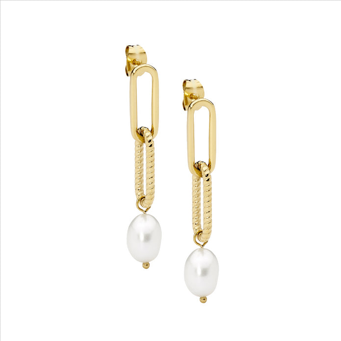 Stainless Steel YGP Paperclip Freshwater Pearl Drop Earrings