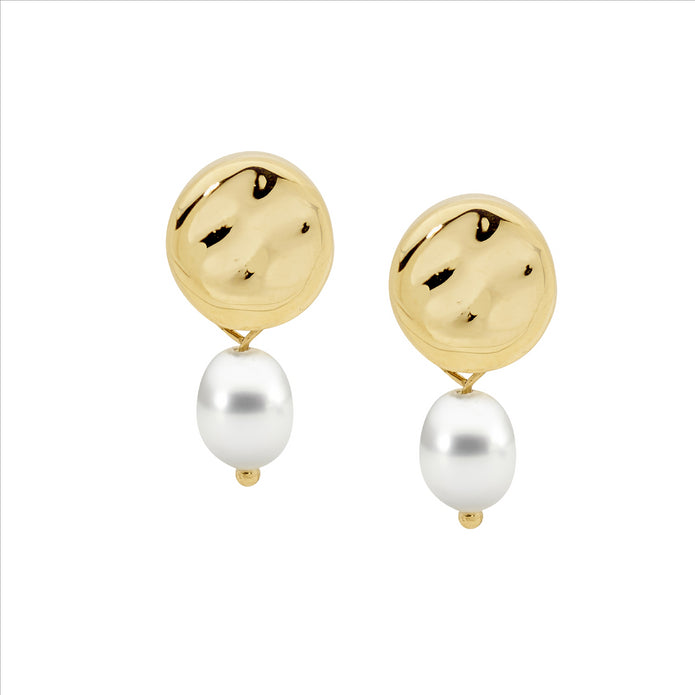 Stainless Steel YGP Freshwater Pearl Disk Stud Earrings