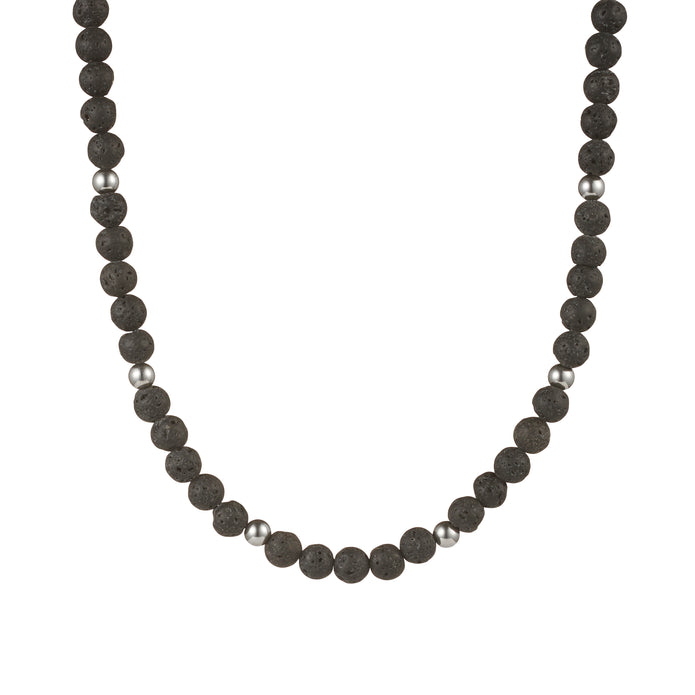 Black Lava Rock Beaded Stainless Steel Neck Chain