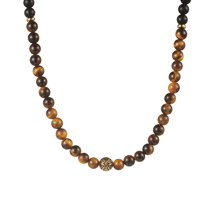 6mm Yellow Tiger Eye, Matt Agate and IP Gold Beaded Stretch Neck Chain